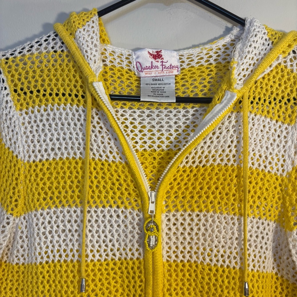 Eclectic Striped Vintage Beach Hoodie w/ Beaded Zipper Pull Lemon Yellow Stripes